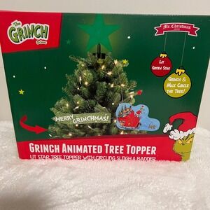 Mr Christmas Grinch Animated Tree Topper Lit Star Sleigh Banner Decor NWB